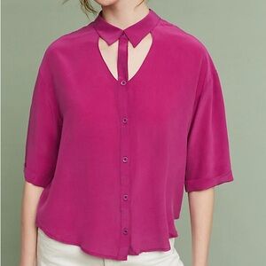 Anthropologie Maeve 100% Silk Mairead Raspberry Cutout Button Blouse size XS‎